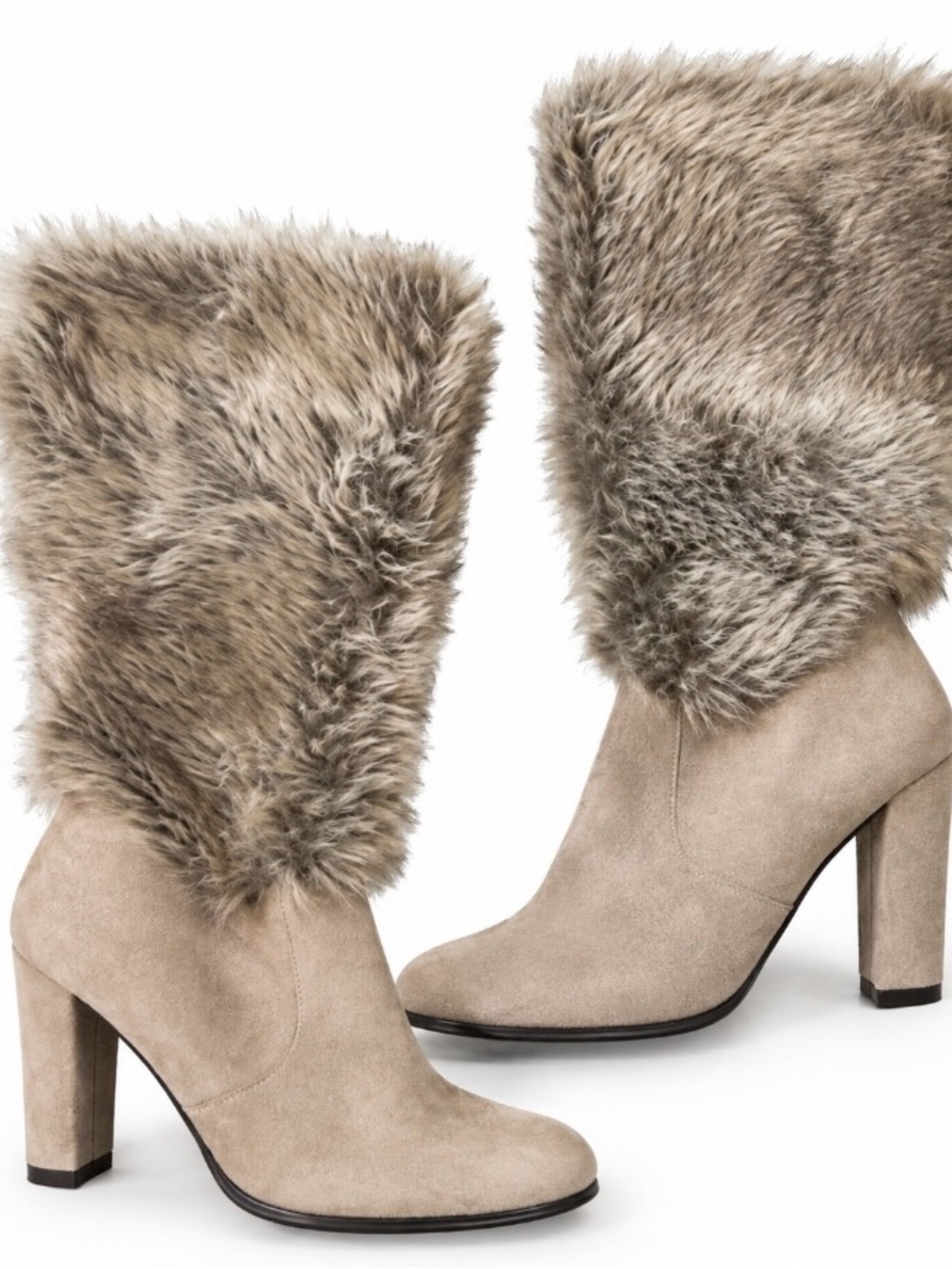 Source Unknown Taupe Faux Fur Cuff Suede Block Heel Boots